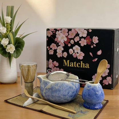 Matcha Whisk Set, Ceramic Matcha Set, Matcha Bowl with Spout and Whisk,8 pcs Matcha Tea Kit for Matcha Lovers, Ideal Gift Christmas, Birthday (Blue)