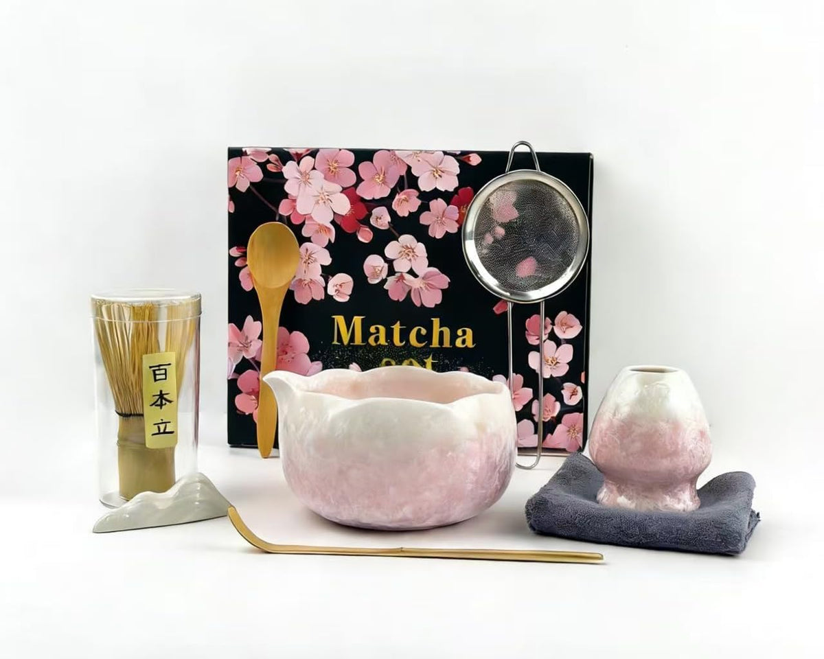 Matcha Whisk Set, Ceramic Matcha Set, Matcha Bowl with Spout and Whisk,8 pcs Matcha Tea Kit for Matcha Lovers, Ideal Gift Christmas, Birthday (Blue)