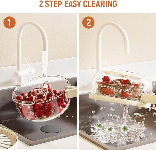 2 in 1 Drainer and Strainer, Collapsible Fruit Washing Basket with Cover and Handle, Multifunctional Vegetable Washing Drain Bowl, Keep Fruit Vegetable Fresh Longer, White 6.1" x 3.27"