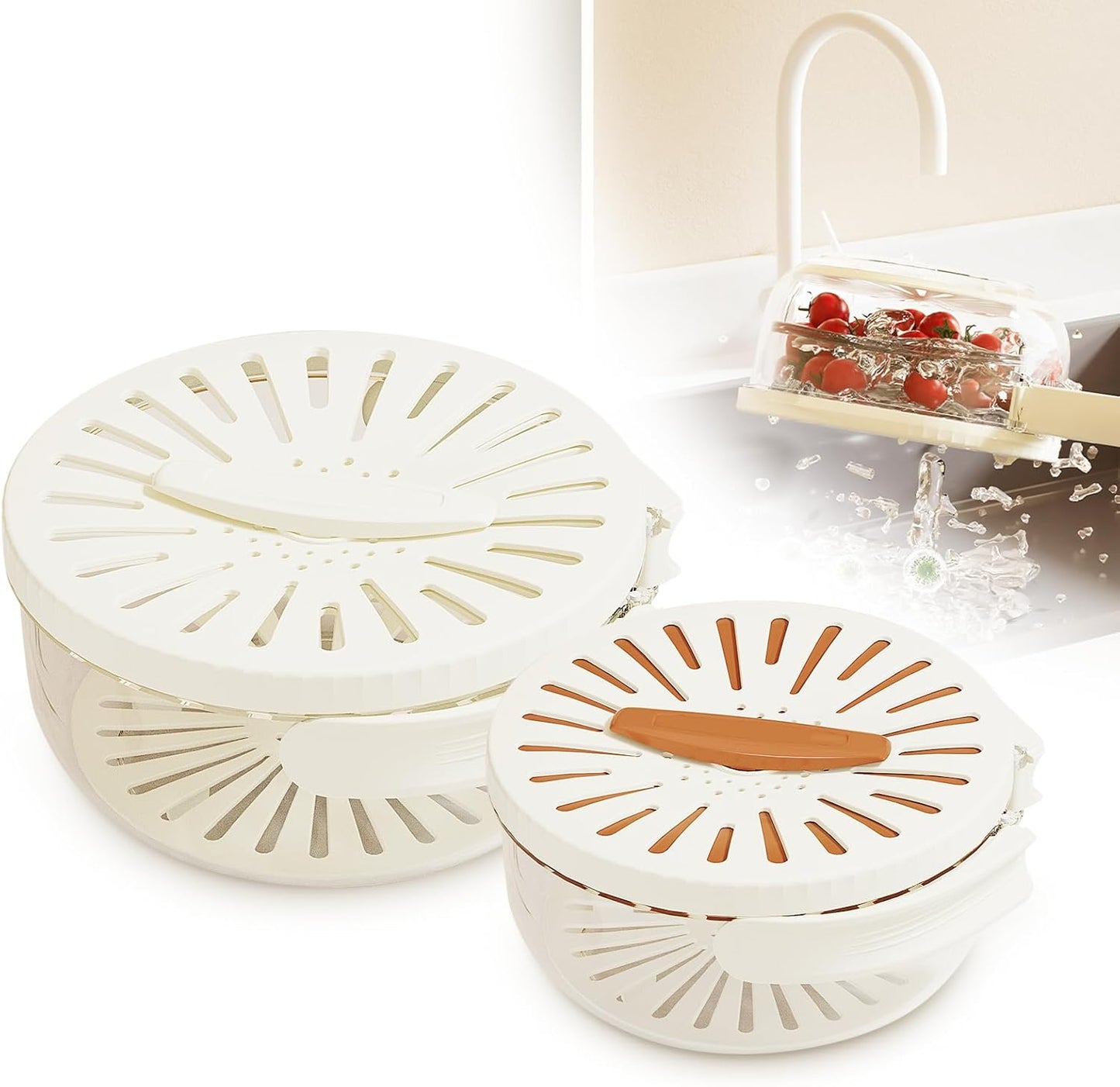 2 in 1 Drainer and Strainer, Collapsible Fruit Washing Basket with Cover and Handle, Multifunctional Vegetable Washing Drain Bowl, Keep Fruit Vegetable Fresh Longer, White 6.1" x 3.27"