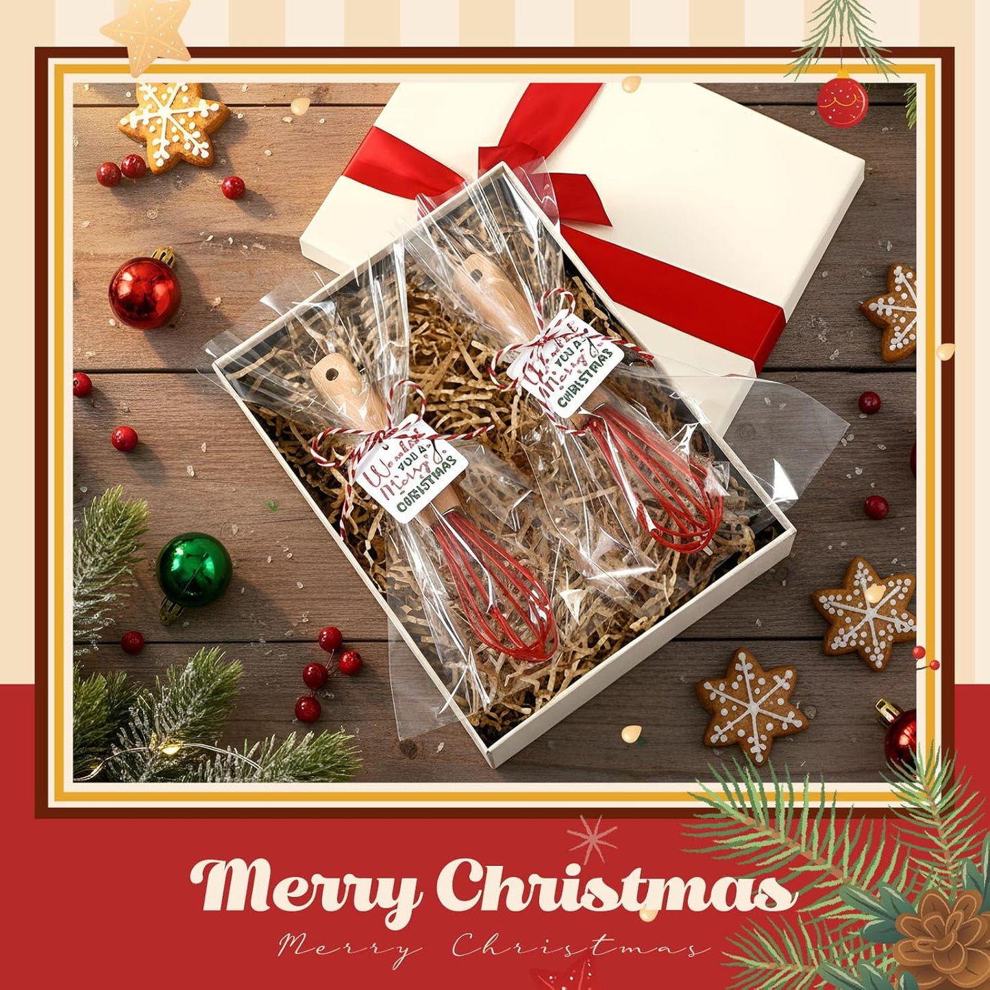 20 Sets Baking Gifts Set Includes 8 Inch Silicone Whisk with Wood Handle Wired Stainless Steel Whisk Set Greeting Cards Plastic Bags for Party Birthday Christmas Stuffers Gift(Red)