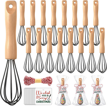 20 Sets Baking Gifts Set Includes 8 Inch Silicone Whisk with Wood Handle Wired Stainless Steel Whisk Set Greeting Cards Plastic Bags for Party Birthday Christmas Stuffers Gift(Red)