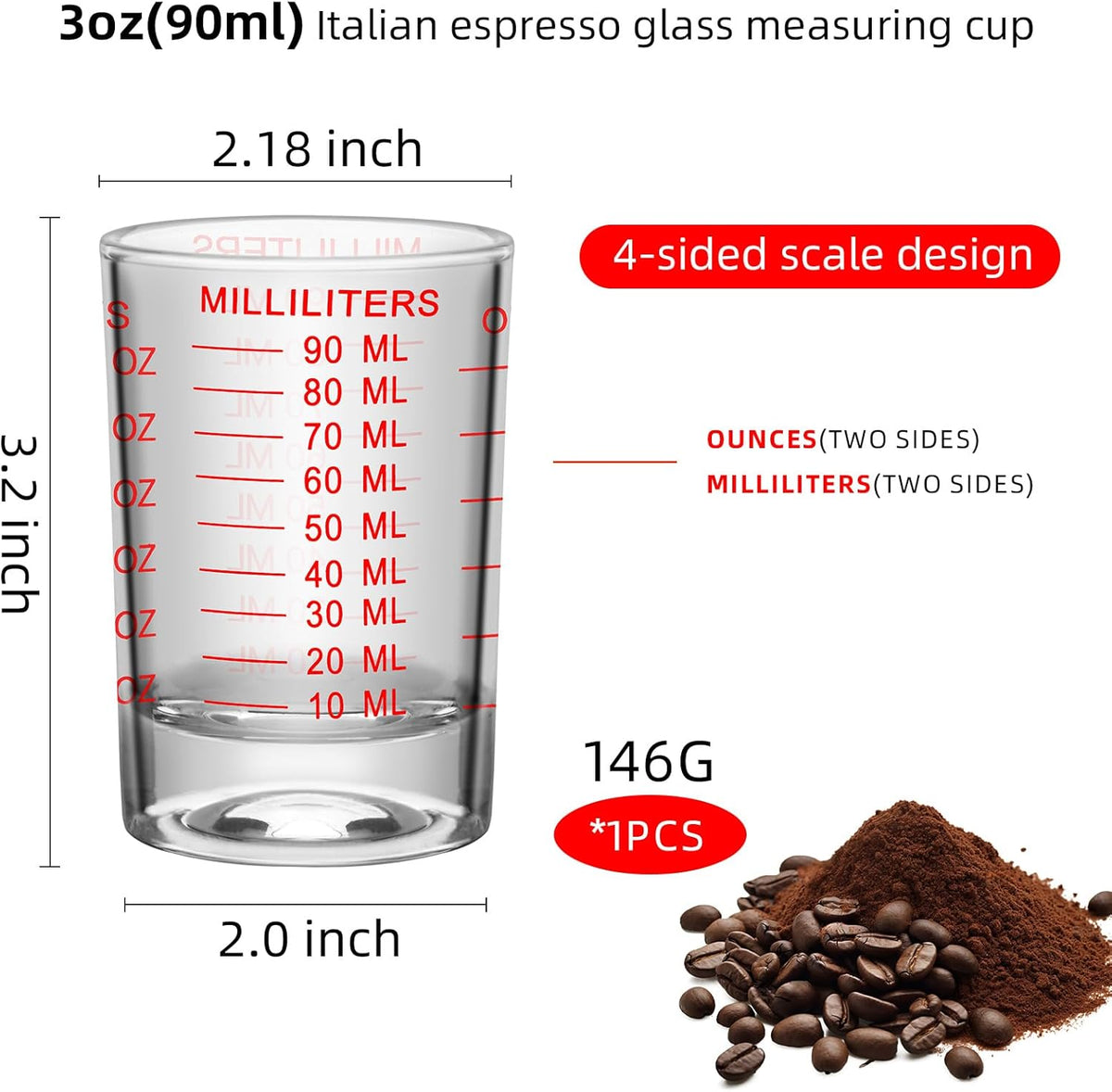 1Pc Shot Glass Measuring Cup 3 Ounce/90ML Liquid Heavy High Espresso Glass Cup Black Line Espresso Shot Glasses with Measurement (1, Red scale)
