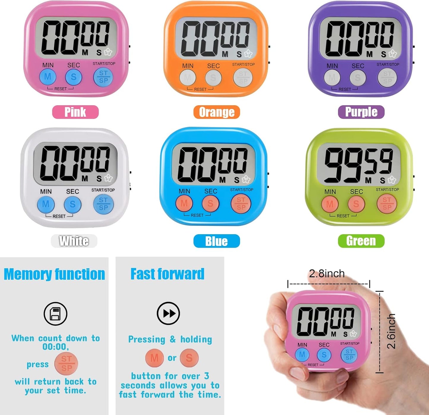 6 Pack Multi-Function Electronic Timer - Magnetic Digital Timers Big LCD Display the Loud/Silent Switch Countdown Timer Extensively Use in Break Time, Cooking,Gym, Meeting, Classroom