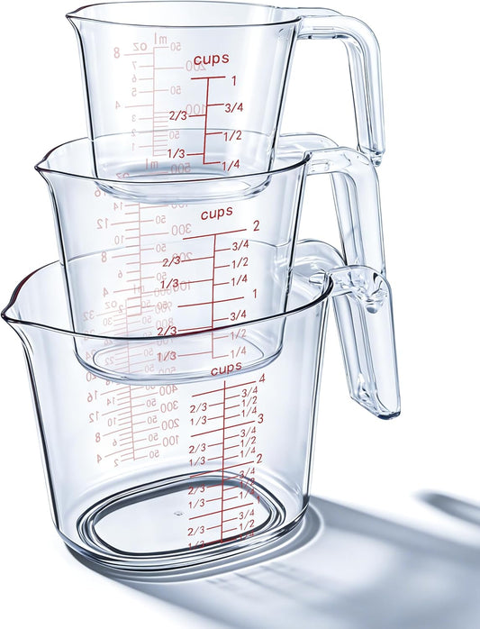Measuring Cups Set of 3, Plastic, Nesting Design, Pour Spout | 1L, 2 Cup, 1 Cup with Ml & Oz Markings, Non-Slip Base & Pour Spout for No Mess, Nesting Design for Kitchen, Baking & Cooking