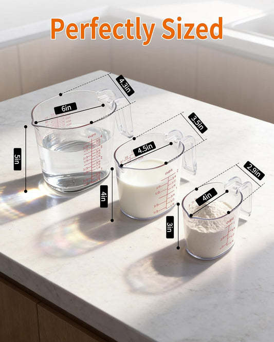 Measuring Cups Set of 3, Plastic, Nesting Design, Pour Spout | 1L, 2 Cup, 1 Cup with Ml & Oz Markings, Non-Slip Base & Pour Spout for No Mess, Nesting Design for Kitchen, Baking & Cooking