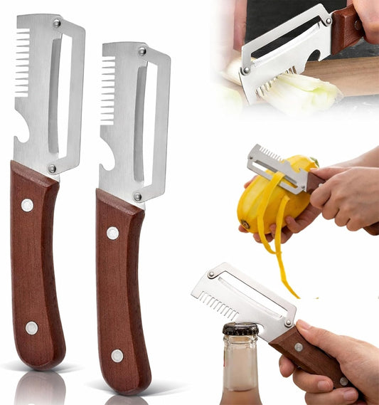 3-1 Multi-functional Vegetable Peeler, 2026 New Ktchen Multi-function Stainless Steel Thickened Fruit Peeler Knife with Wooden Handle,Suitable for Peeling Fruits and Shredding Scallions (2PCS)