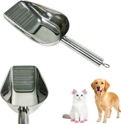 Dog and Cat Food Scoop, 1 Cup Stainless Steel Measuring Scooper with Long Handle for Pet Food, Ice Machine & Freezer, Easy to Clean & Store