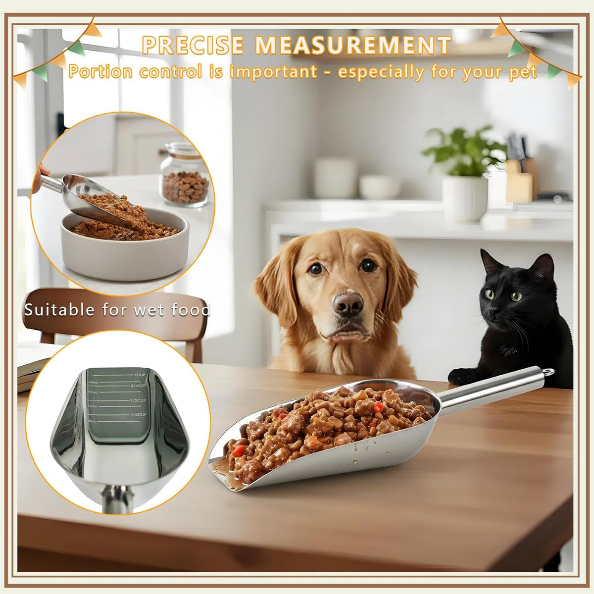 Dog and Cat Food Scoop, 1 Cup Stainless Steel Measuring Scooper with Long Handle for Pet Food, Ice Machine & Freezer, Easy to Clean & Store