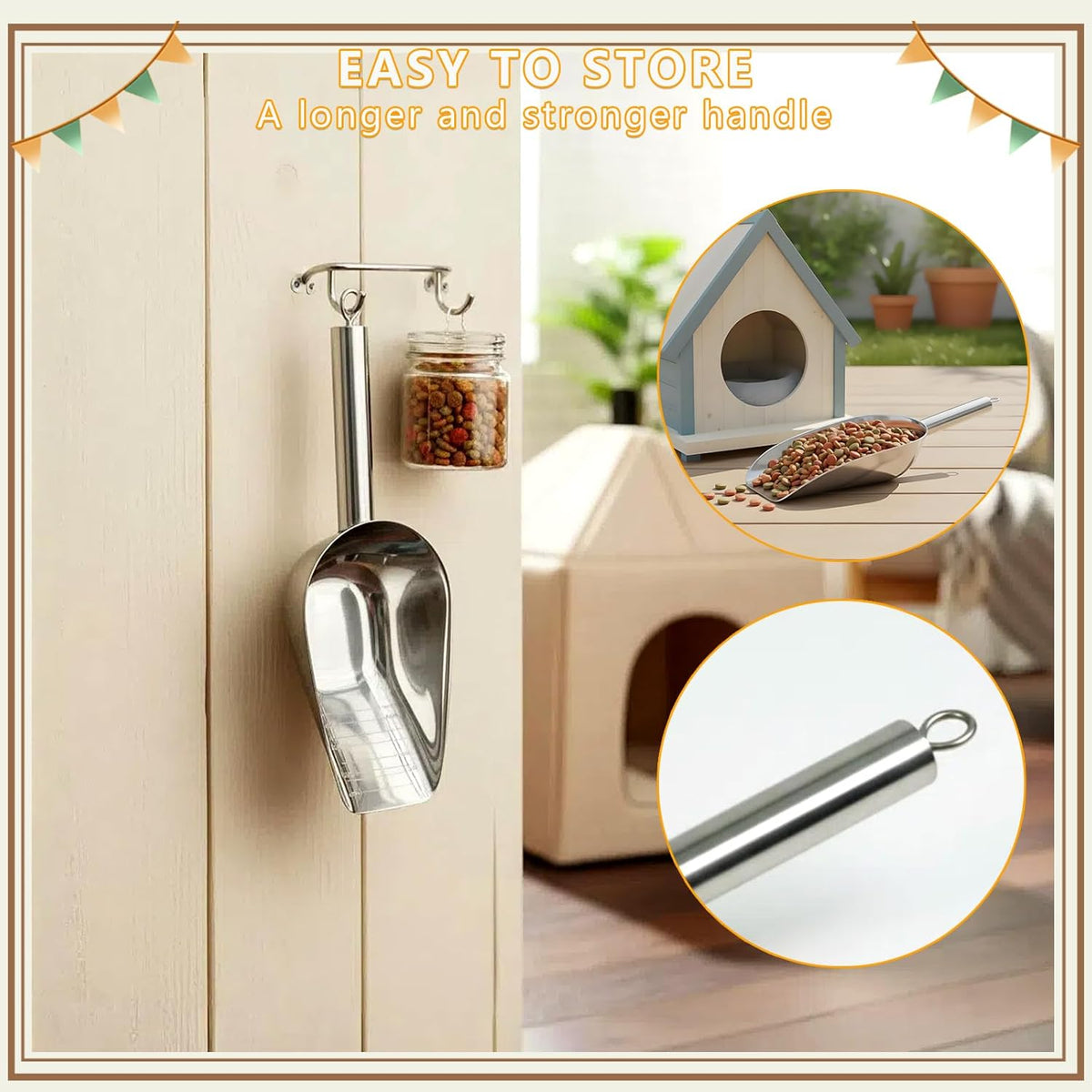 Dog and Cat Food Scoop, 1 Cup Stainless Steel Measuring Scooper with Long Handle for Pet Food, Ice Machine & Freezer, Easy to Clean & Store