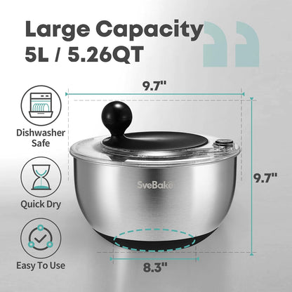 5.3Qt Stainless Steel Salad Spinner with Stop Button, BPA-Free Vegetable Lettuce Spinner, Transparent Lid & Drainage Hole, Non-Slip Base, Dishwasher Safe Fruit Washer