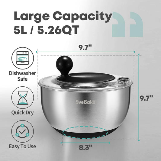 5.3Qt Stainless Steel Salad Spinner with Stop Button, BPA-Free Vegetable Lettuce Spinner, Transparent Lid & Drainage Hole, Non-Slip Base, Dishwasher Safe Fruit Washer