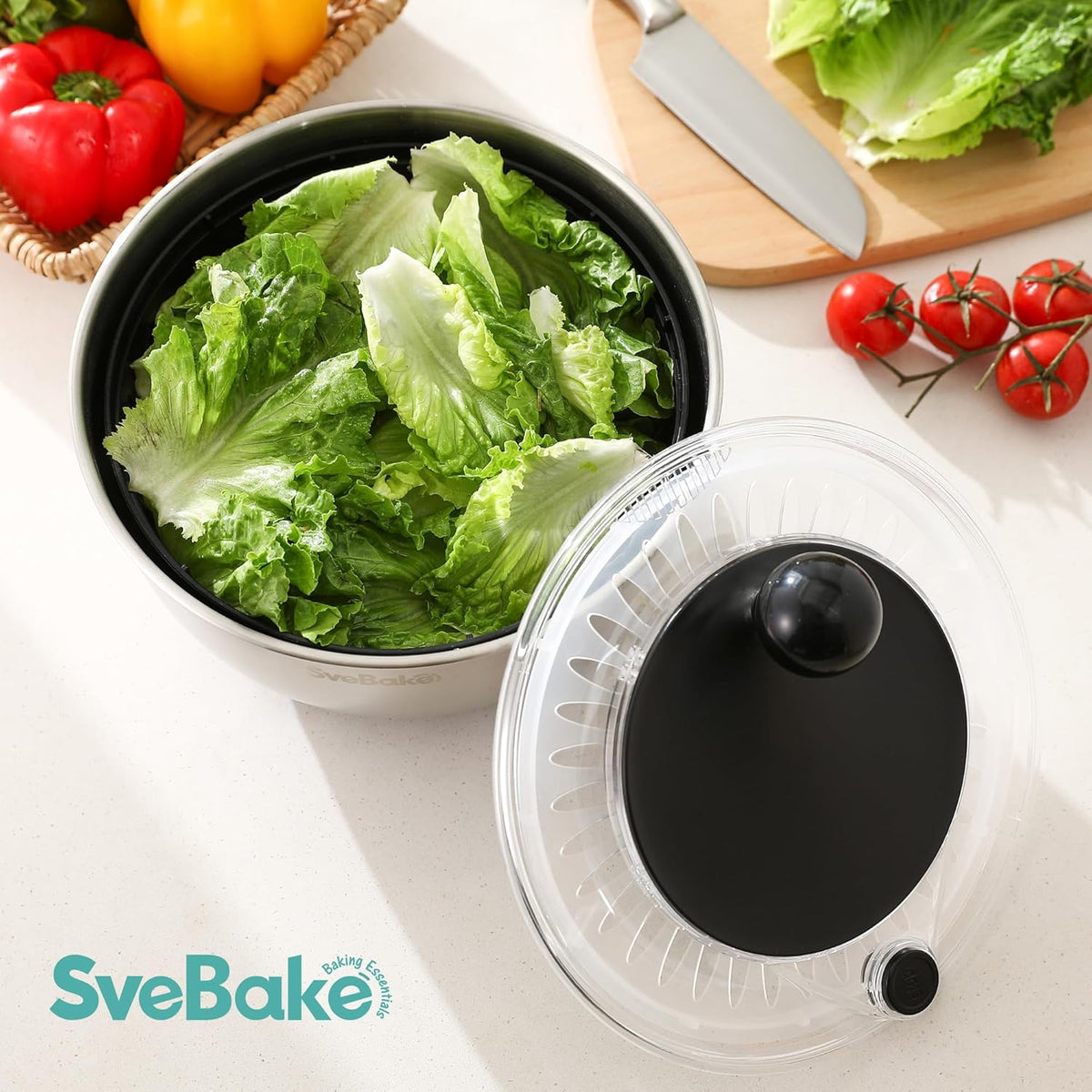 5.3Qt Stainless Steel Salad Spinner with Stop Button, BPA-Free Vegetable Lettuce Spinner, Transparent Lid & Drainage Hole, Non-Slip Base, Dishwasher Safe Fruit Washer
