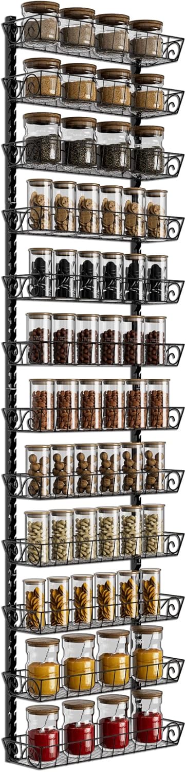 Wall Mount Spice Rack Organizer, 12-Tier Adjustable Dual-Use Shelf | Hanging Spice Rack Organizer, Kitchen Pantry Cabinet Storage Holder for Spices, Mason Jars, Bottles & Cans, Black