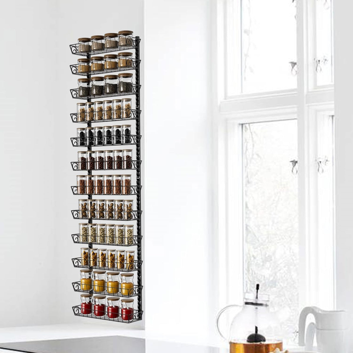 Wall Mount Spice Rack Organizer, 12-Tier Adjustable Dual-Use Shelf | Hanging Spice Rack Organizer, Kitchen Pantry Cabinet Storage Holder for Spices, Mason Jars, Bottles & Cans, Black