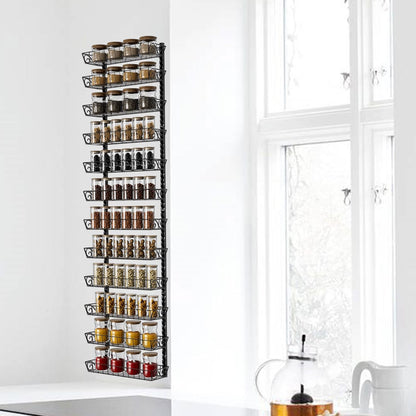 Wall Mount Spice Rack Organizer, 12-Tier Adjustable Dual-Use Shelf | Hanging Spice Rack Organizer, Kitchen Pantry Cabinet Storage Holder for Spices, Mason Jars, Bottles & Cans, Black