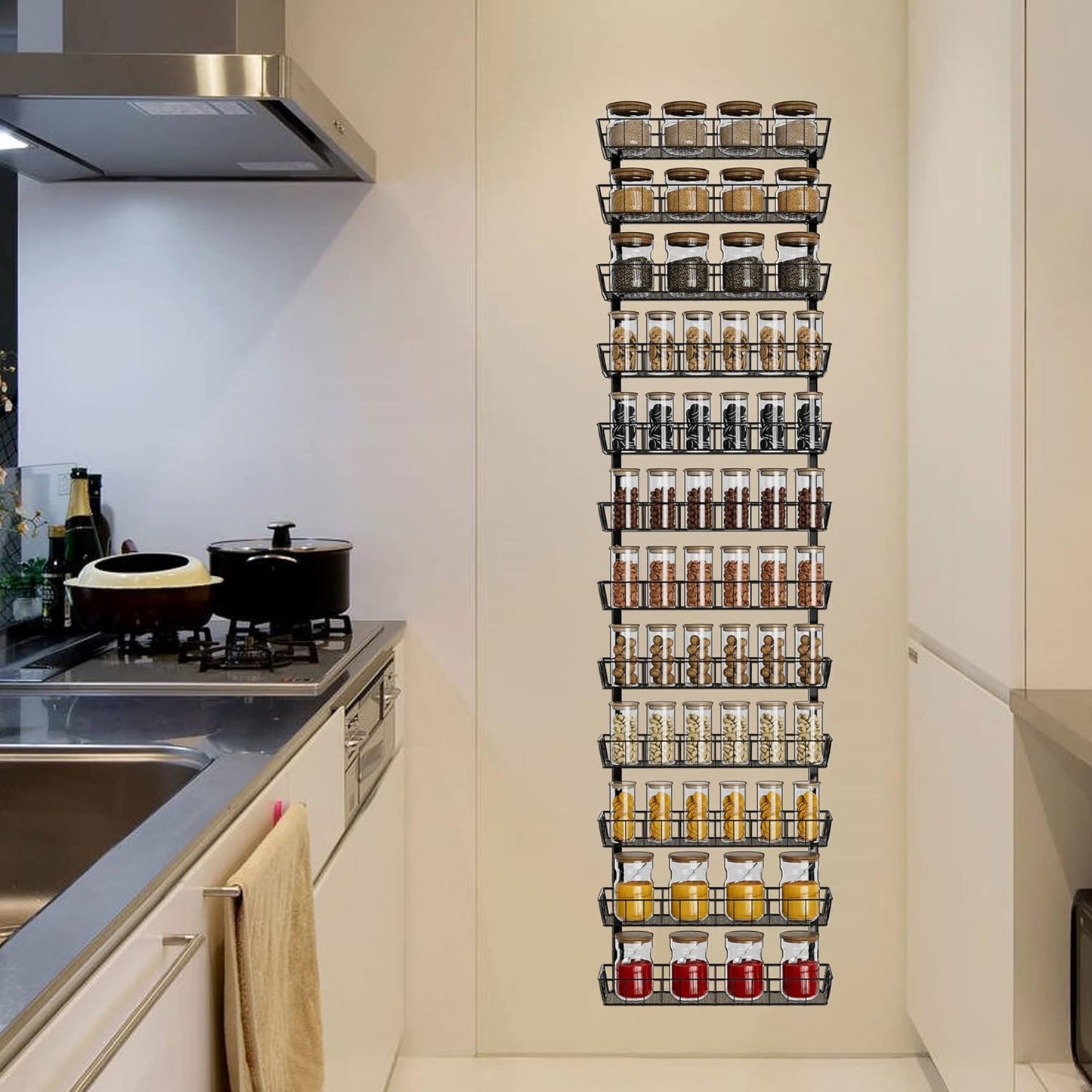 Wall Mount Spice Rack Organizer, 12-Tier Adjustable Dual-Use Shelf | Hanging Spice Rack Organizer, Kitchen Pantry Cabinet Storage Holder for Spices, Mason Jars, Bottles & Cans, Black
