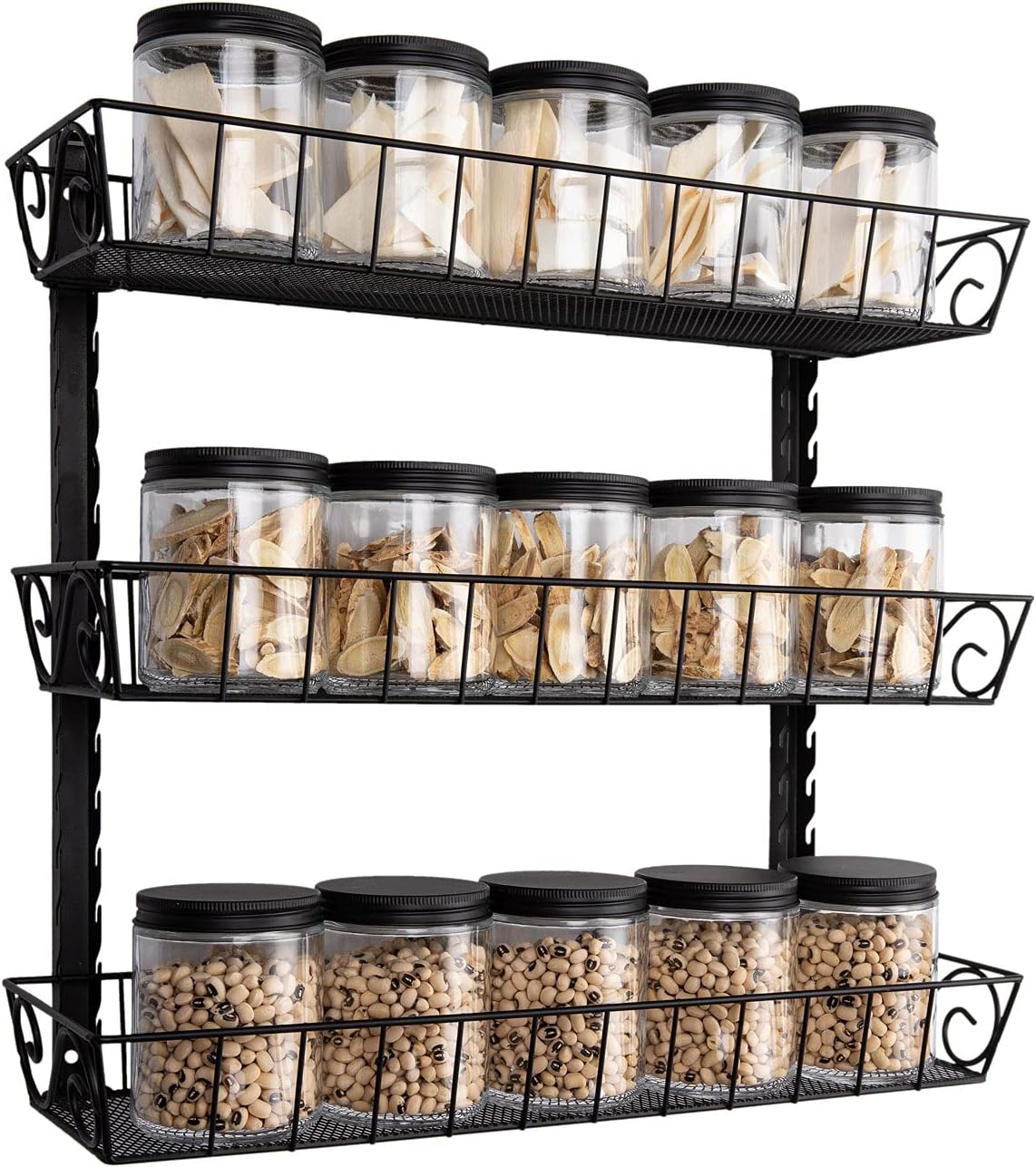 Wall Mount Spice Rack Organizer, 12-Tier Adjustable Dual-Use Shelf | Hanging Spice Rack Organizer, Kitchen Pantry Cabinet Storage Holder for Spices, Mason Jars, Bottles & Cans, Black
