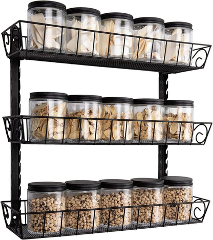 Wall Mount Spice Rack Organizer, 12-Tier Adjustable Dual-Use Shelf | Hanging Spice Rack Organizer, Kitchen Pantry Cabinet Storage Holder for Spices, Mason Jars, Bottles & Cans, Black
