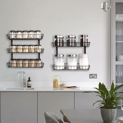 Wall Mount Spice Rack Organizer, 12-Tier Adjustable Dual-Use Shelf | Hanging Spice Rack Organizer, Kitchen Pantry Cabinet Storage Holder for Spices, Mason Jars, Bottles & Cans, Black