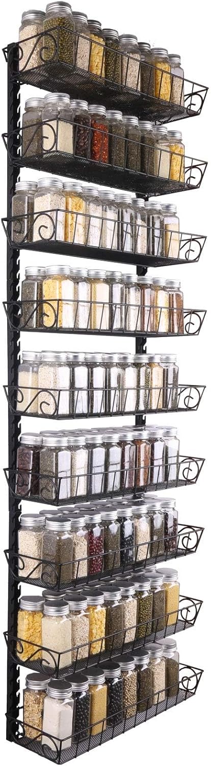 Wall Mount Spice Rack Organizer, 12-Tier Adjustable Dual-Use Shelf | Hanging Spice Rack Organizer, Kitchen Pantry Cabinet Storage Holder for Spices, Mason Jars, Bottles & Cans, Black