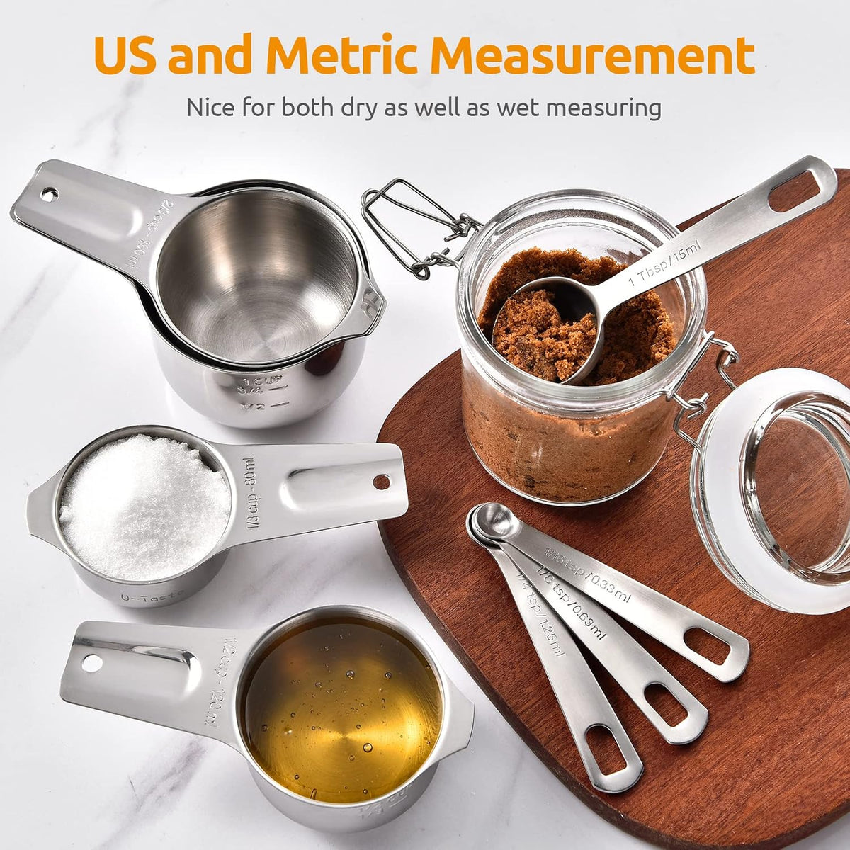 Measuring Cups and Spoons Set of 15, 2 D-Rings & 1 Conversion Chart
