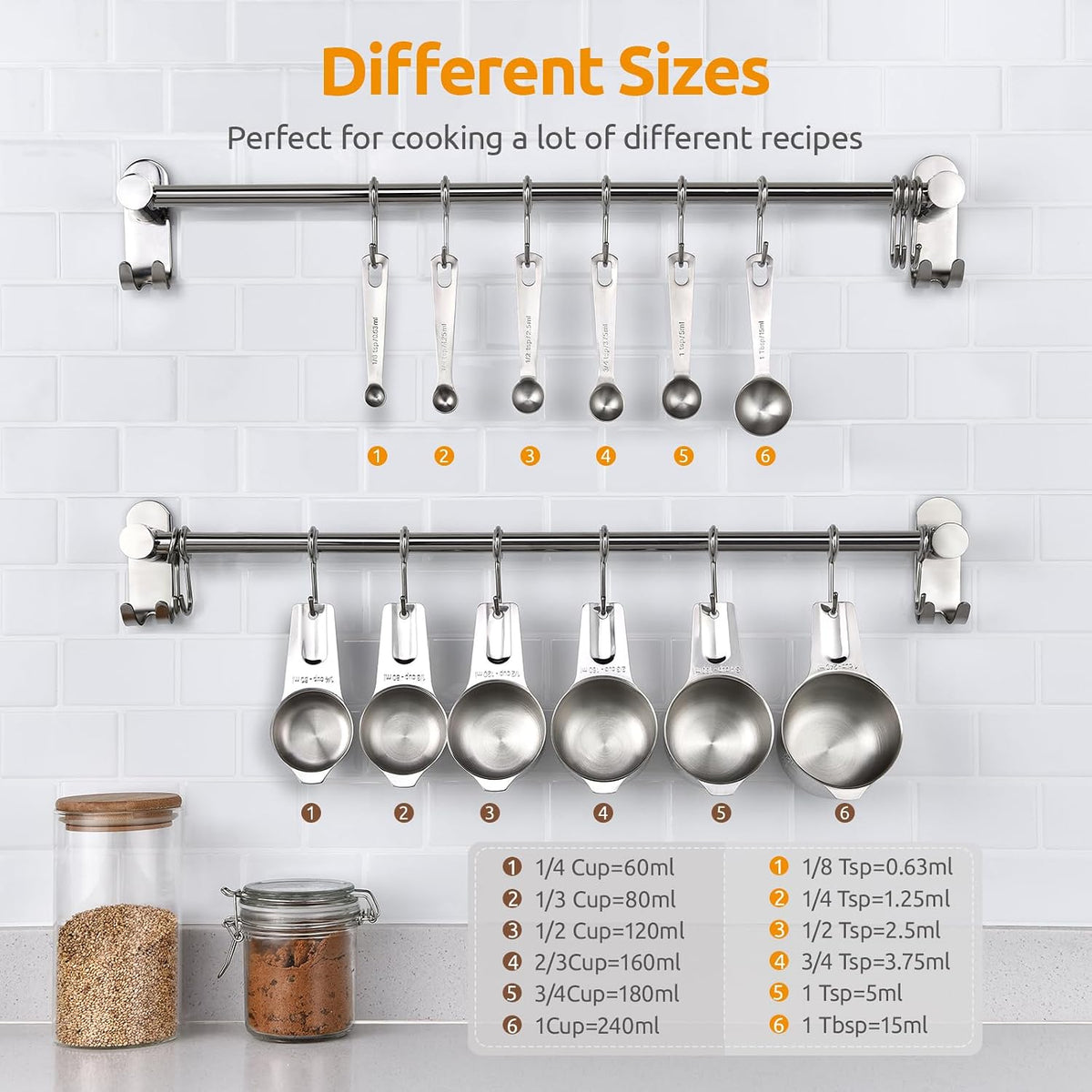 Measuring Cups and Spoons Set of 15, 2 D-Rings & 1 Conversion Chart