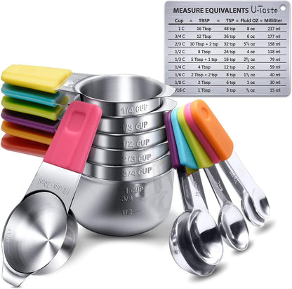 Measuring Cups and Spoons Set of 15, 2 D-Rings & 1 Conversion Chart