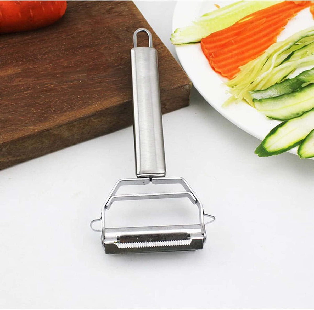 Multi Pelador Doble Cuchilla,Tiras En Juliana, Julienne Strips - Multi Double Knife Peeler with Grating Plate - Multi Double Knife Peeler - with Lemon or Orange Juicer and Potato Spiral