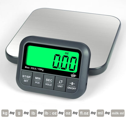 Wireless Food Scale, 33lb/0.04oz Digital Kitchen Scale, Meat Scale with Timer Function, 9 Units, Tare/Hold/PCS Function, Auto Off, LCD Display, Digital Food Scale for Cooking, Baking, Postage