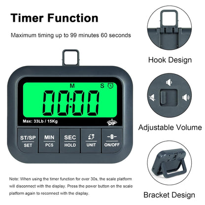 Wireless Food Scale, 33lb/0.04oz Digital Kitchen Scale, Meat Scale with Timer Function, 9 Units, Tare/Hold/PCS Function, Auto Off, LCD Display, Digital Food Scale for Cooking, Baking, Postage