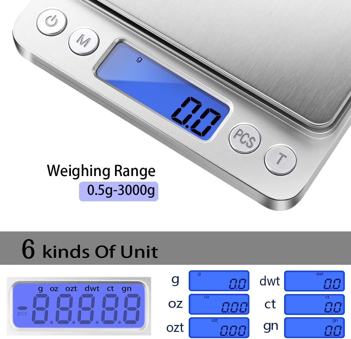 Small Gram Scale 3000g, Digital Kitchen Food Scale, Gram and Ounce