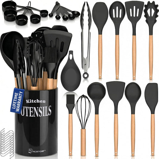 Silicone Cooking Utensil Set with Wooden Handles - Kitchen Utensils for Nonstick and Ceramic Cookware, Heat Resistant up to 446°F, Black