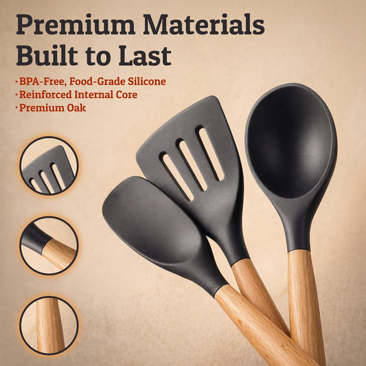 Silicone Cooking Utensil Set with Wooden Handles - Kitchen Utensils for Nonstick and Ceramic Cookware, Heat Resistant up to 446°F, Black