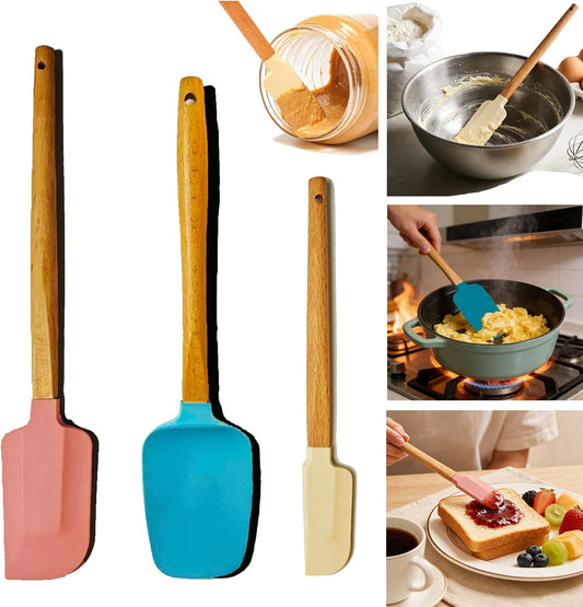 3PCS Silicone Spatula Wooden Handle Set, Heat Resistant Silicone Spatula, Spatulas Silicone Heat Resistant Wood, Rubber Spatula for Baking Non-Stick Cooking Mixing, Pink & Blue & Beige