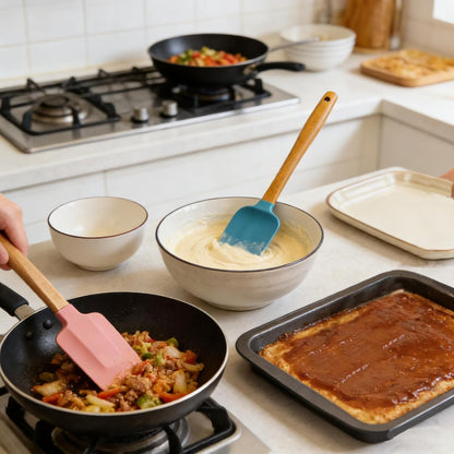 3PCS Silicone Spatula Wooden Handle Set, Heat Resistant Silicone Spatula, Spatulas Silicone Heat Resistant Wood, Rubber Spatula for Baking Non-Stick Cooking Mixing, Pink & Blue & Beige
