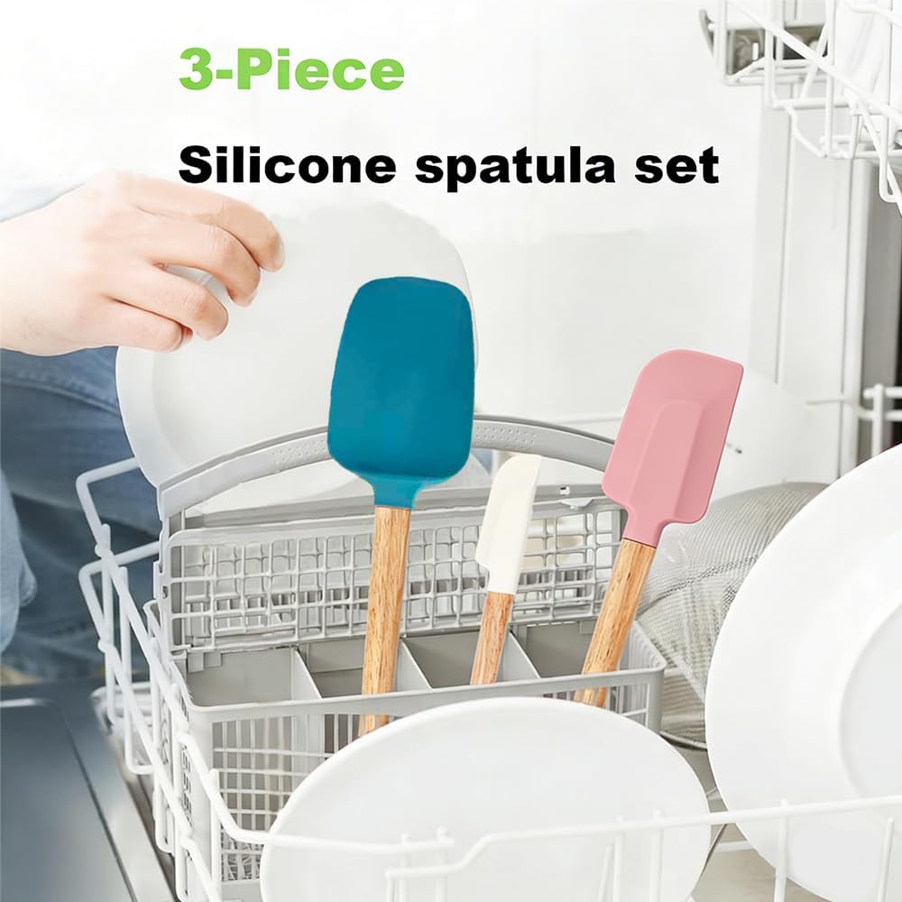 3PCS Silicone Spatula Wooden Handle Set, Heat Resistant Silicone Spatula, Spatulas Silicone Heat Resistant Wood, Rubber Spatula for Baking Non-Stick Cooking Mixing, Pink & Blue & Beige