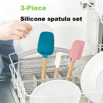 3PCS Silicone Spatula Wooden Handle Set, Heat Resistant Silicone Spatula, Spatulas Silicone Heat Resistant Wood, Rubber Spatula for Baking Non-Stick Cooking Mixing, Pink & Blue & Beige
