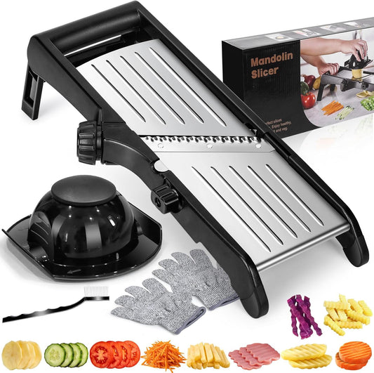 Mandoline Slicer for Kitchen Adjustable Stainless Steel Food Slicer Vegetable Chopper Onion Waffle French Fry Cutter Potato Chip Julienne Slicer with Safety Gloves