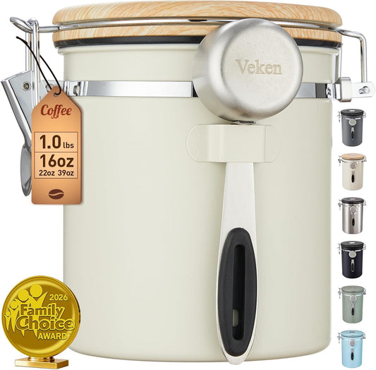 Coffee Canister, Airtight Stainless Steel Food Storage Container,16OZ | Date Tracker, Kitchen Jars for Beans,Ground, Espresso, Rice,Tea, Sugar,Cereal,Cookie, Bar Accessories,Gifts, Lids,Scoop,Cream