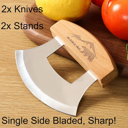 5inch Alaskan Mezzaluna Ulu Knife, Salad Veggies Rocker Chopper Slicer Cutter Hashing Chopping Mincing Cleaver with Wooden Stand Arthritic Tool