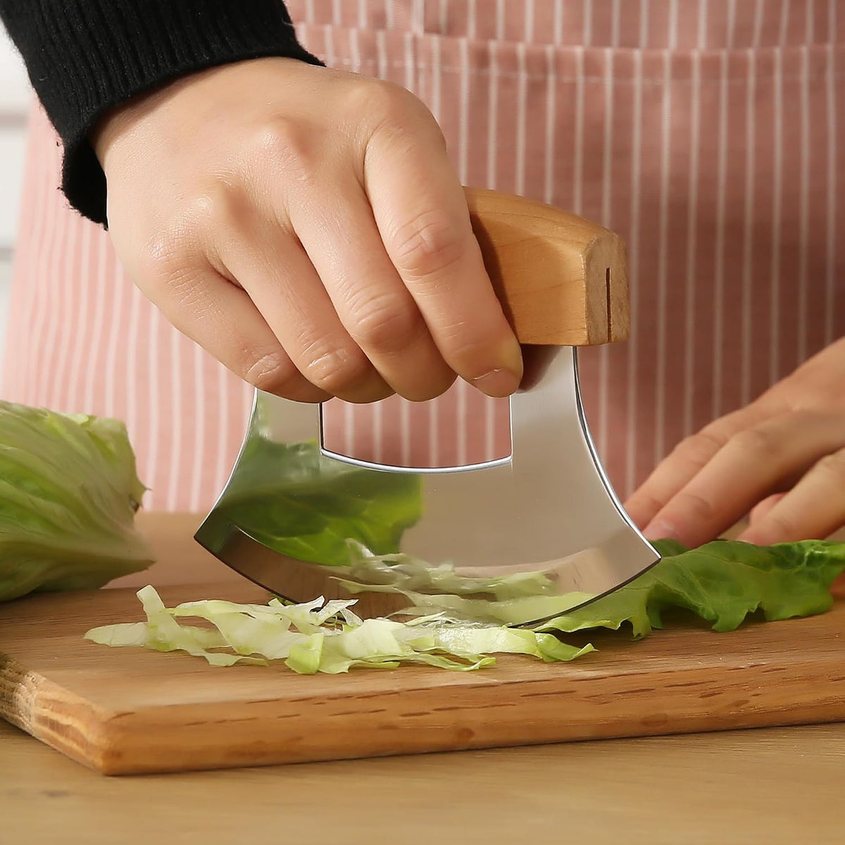 5inch Alaskan Mezzaluna Ulu Knife, Salad Veggies Rocker Chopper Slicer Cutter Hashing Chopping Mincing Cleaver with Wooden Stand Arthritic Tool