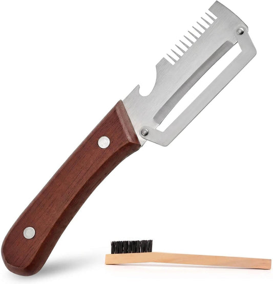 3-in-1 Stainless Steel Vegetable Peeler and Shredder, 1pcs | Wood handle, built-in bottle opener, cleaning brush included; compact tool for cooking, BBQ, camping, and meal prep.