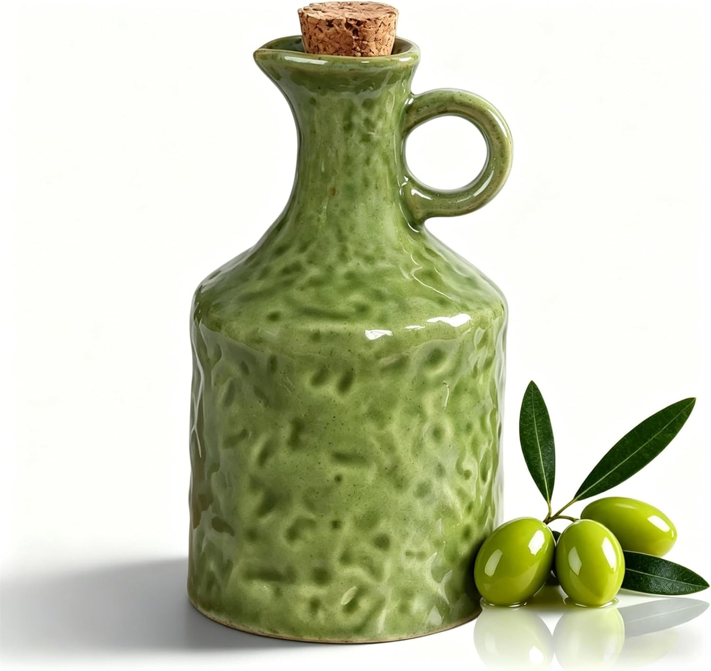 Ceramic Olive Oil Dispenser with Cork Stopper, Reactive Glaze Texture Oil Bottle, Leak - Proof Small Spout for Kitchen, Great for Storing Vinegar, Wine, Soy Sauce, Lemon Juice (GREEN)