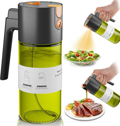 Olive Oil Sprayer & Dispenser Bottle for Cooking 17oz Dark Glass Oil Mister | 2-in-1 Sprayer & Pourer, Fine mist, Leakproof, Light-Blocking, Wide Mouth for Easy Refill & Clean, 8 Oil Labels, Reusable