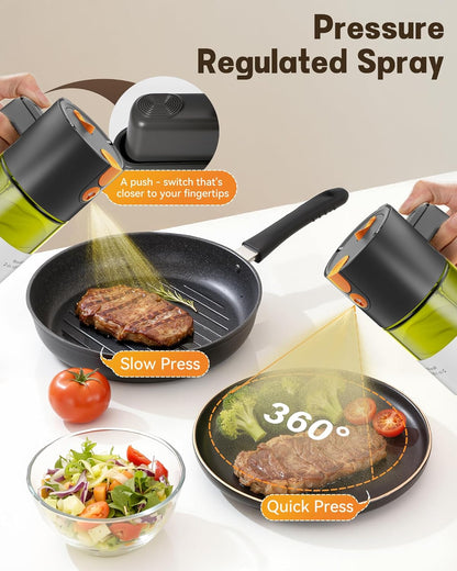 Olive Oil Sprayer & Dispenser Bottle for Cooking 17oz Dark Glass Oil Mister | 2-in-1 Sprayer & Pourer, Fine mist, Leakproof, Light-Blocking, Wide Mouth for Easy Refill & Clean, 8 Oil Labels, Reusable