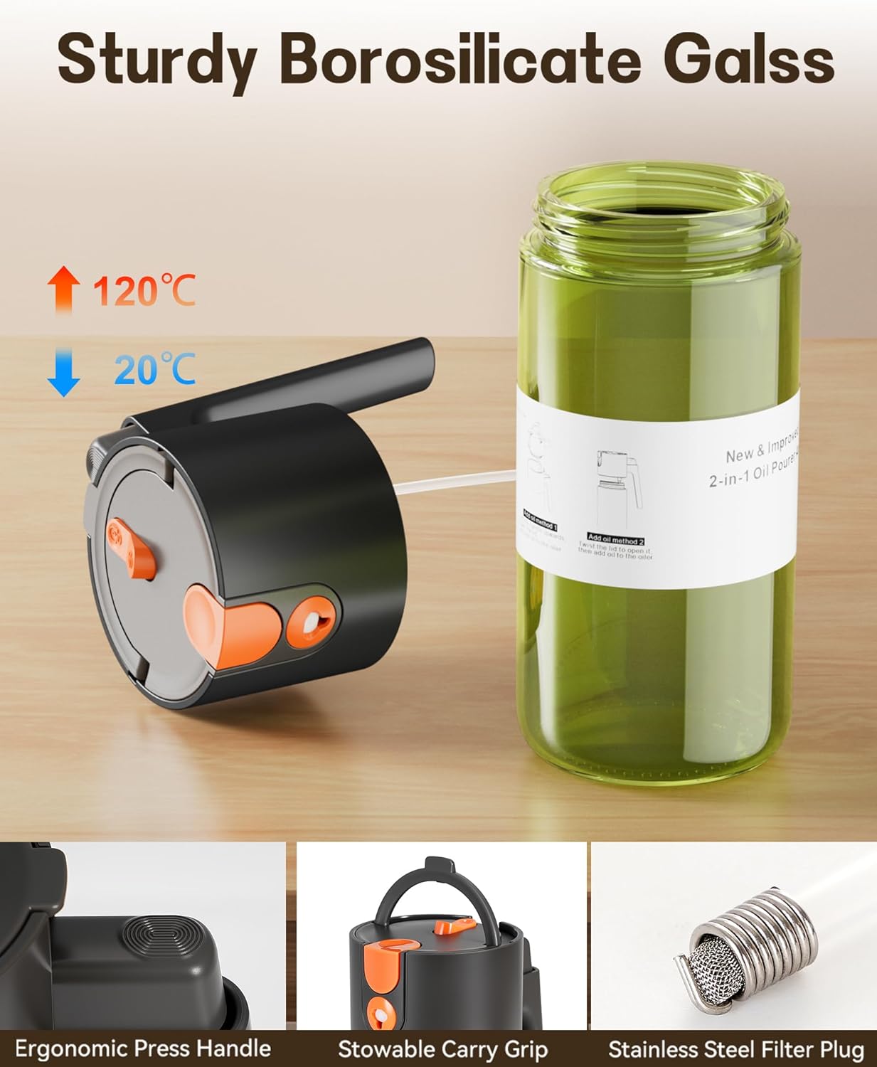 Olive Oil Sprayer & Dispenser Bottle for Cooking 17oz Dark Glass Oil Mister | 2-in-1 Sprayer & Pourer, Fine mist, Leakproof, Light-Blocking, Wide Mouth for Easy Refill & Clean, 8 Oil Labels, Reusable