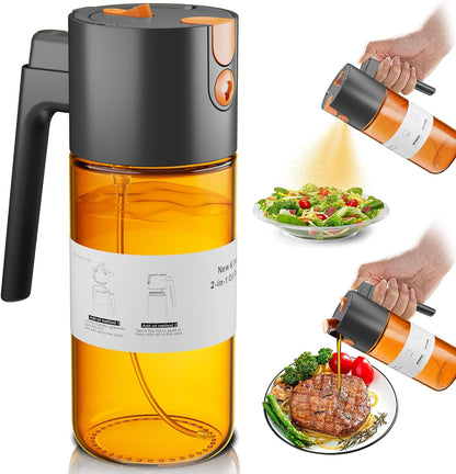 Olive Oil Sprayer & Dispenser Bottle for Cooking 17oz Dark Glass Oil Mister | 2-in-1 Sprayer & Pourer, Fine mist, Leakproof, Light-Blocking, Wide Mouth for Easy Refill & Clean, 8 Oil Labels, Reusable