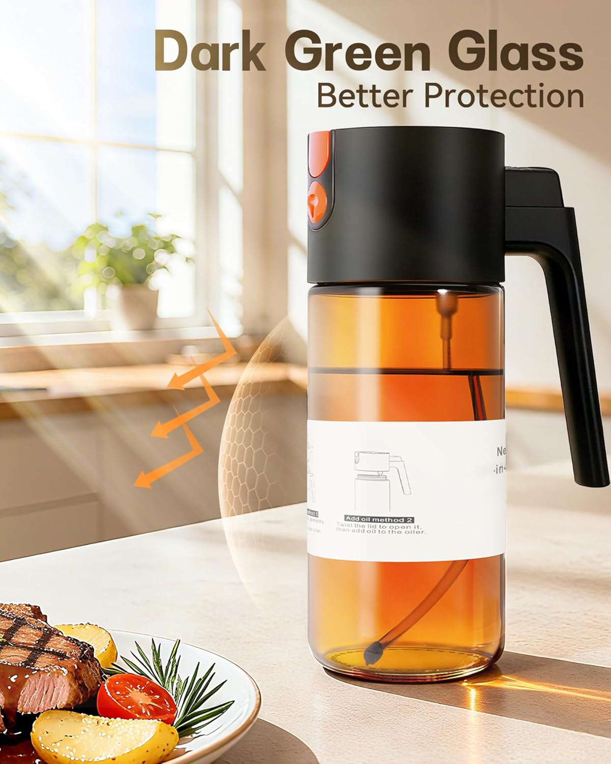 Olive Oil Sprayer & Dispenser Bottle for Cooking 17oz Dark Glass Oil Mister | 2-in-1 Sprayer & Pourer, Fine mist, Leakproof, Light-Blocking, Wide Mouth for Easy Refill & Clean, 8 Oil Labels, Reusable