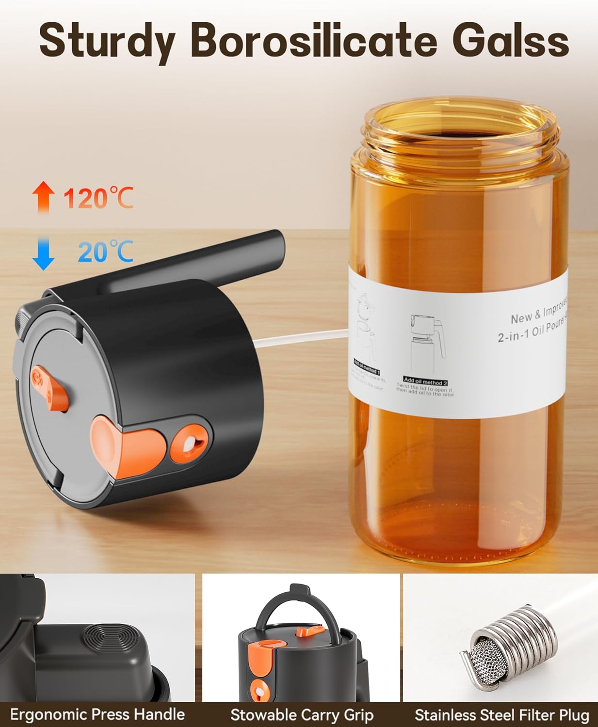 Olive Oil Sprayer & Dispenser Bottle for Cooking 17oz Dark Glass Oil Mister | 2-in-1 Sprayer & Pourer, Fine mist, Leakproof, Light-Blocking, Wide Mouth for Easy Refill & Clean, 8 Oil Labels, Reusable